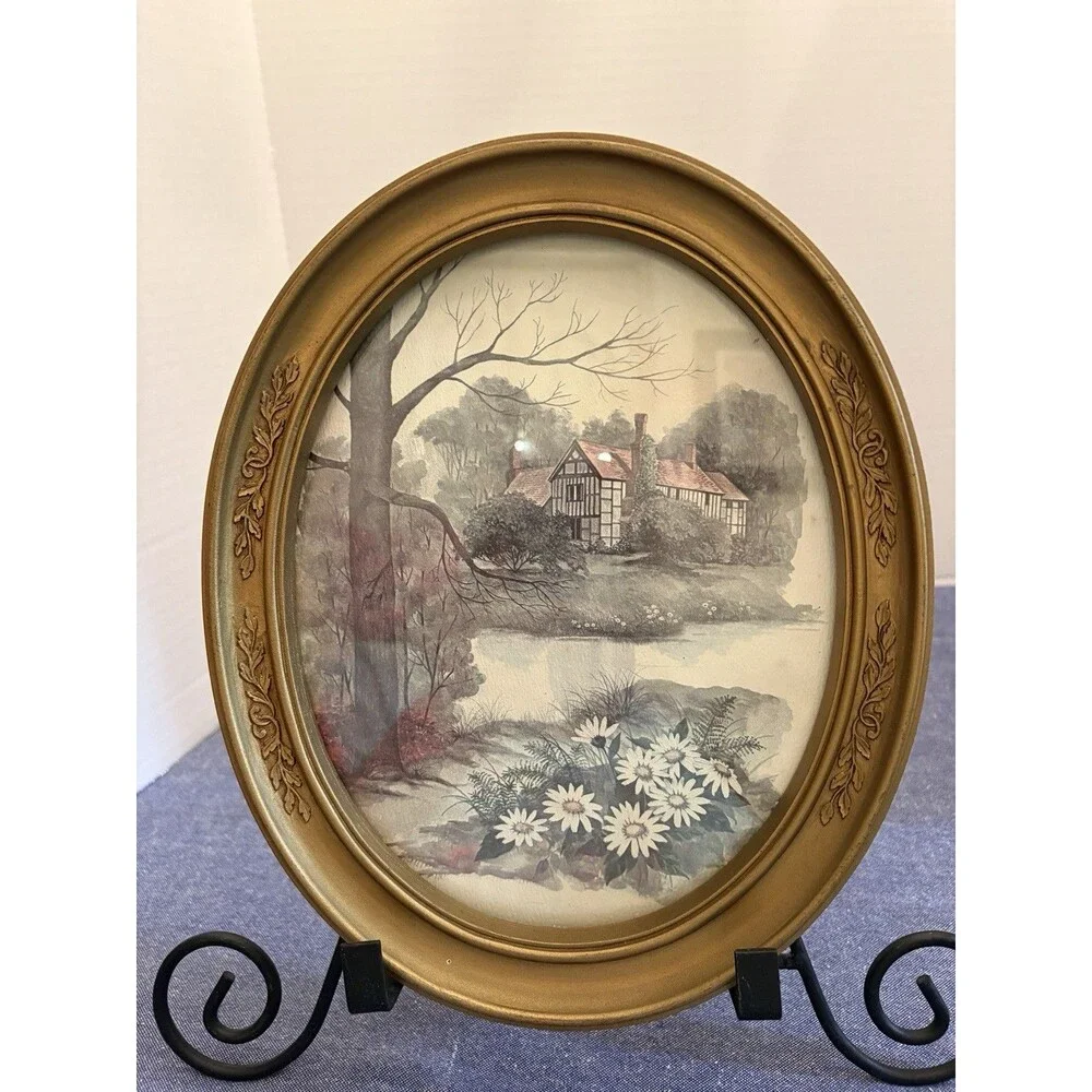 Two Vintage HomCo Gold Tone Oval Framed Prints by Artist F. Massa